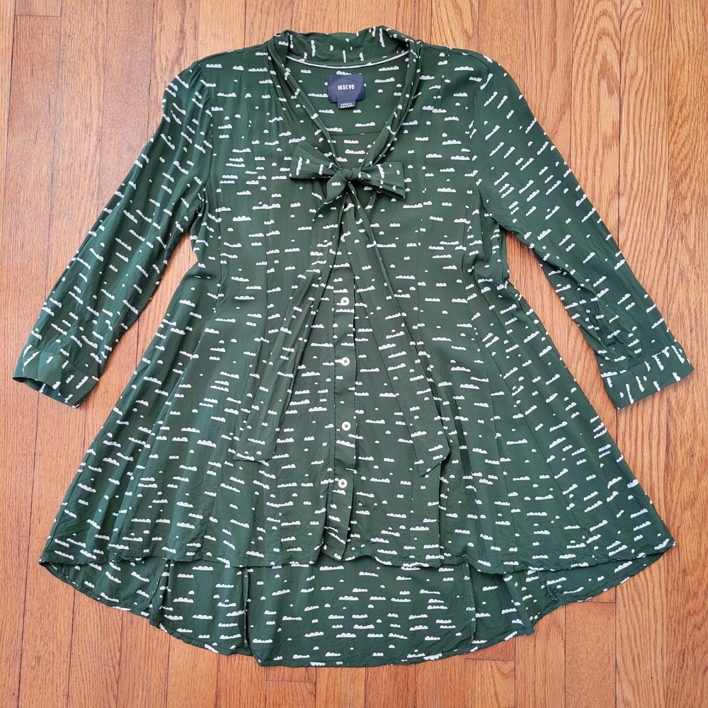Maeve Anthropologie Green‎ White Cloud Print Tie Neck Tunic Top XS Earthy Dainty